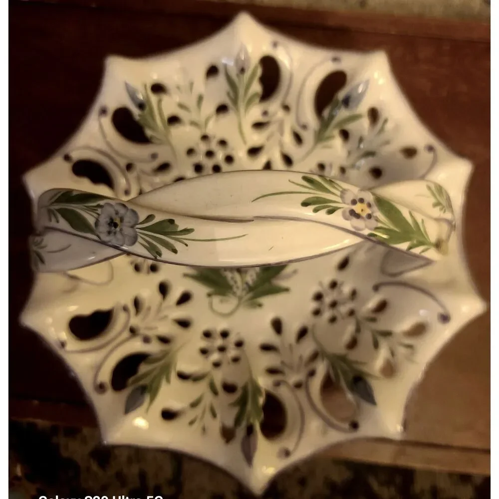 Hand‎ Painted Purple Pansies Ceramic Reticulated Basket Braided Handle Portugal